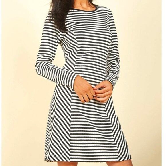 ModCloth Sunny Girl Womens Striped Long Sleeve Sheath Dress Size S Black White - Picture 2 of 11